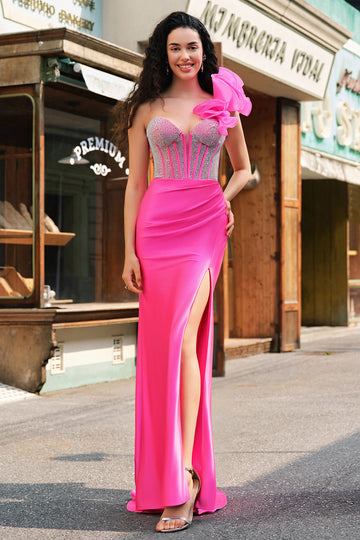 Fuchsia Mermaid One Shoulder Removable Ruffles Long Prom Dress with Slit